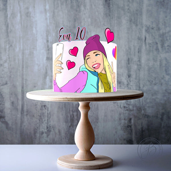 Personalised Selfie Girl Pop Art edible cake topper decoration