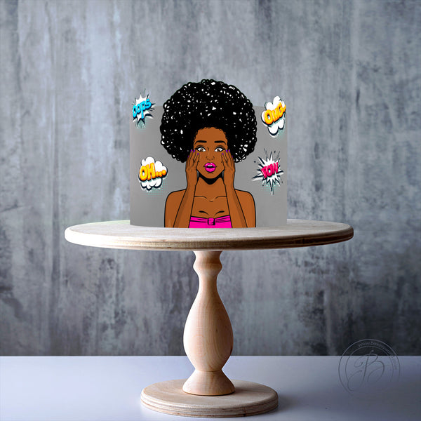 Personalised Black Woman Wow Face Pop Art Pinup edible cake topper decoration