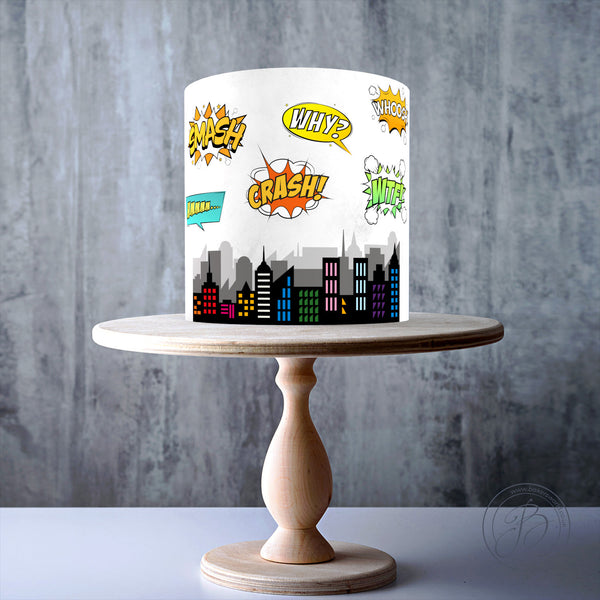 Comic Speech Bubbles Cartoon Cloud Superhero City Skyline bundle edible cake topper decoration