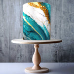 Panoramic teal white gold effect marble edible cake topper decoration