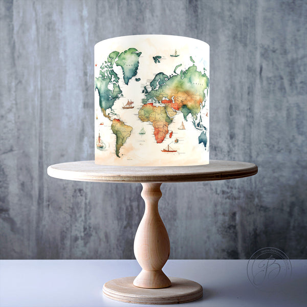 Watercolour Travel Map wrap around edible cake topper decoration