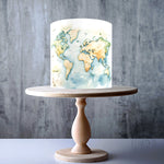 Watercolour Travel Map wrap around edible cake topper decoration