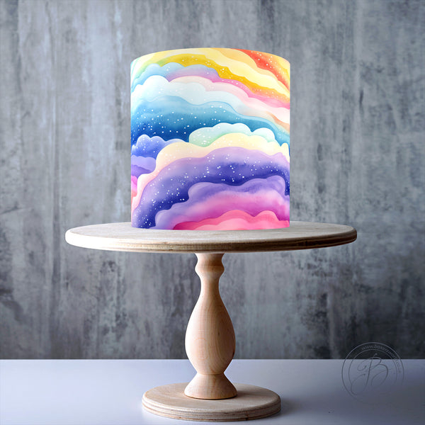 Watercolour Rainbow Clouds wrap around edible cake topper decoration