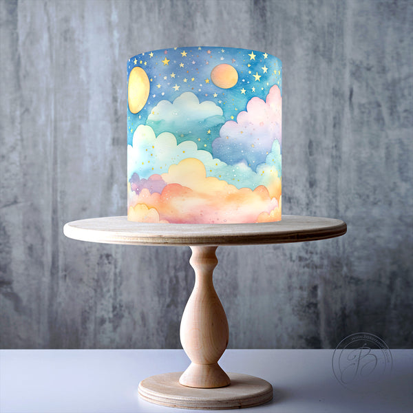 Pastel Moon & Stars wrap around edible cake topper decoration