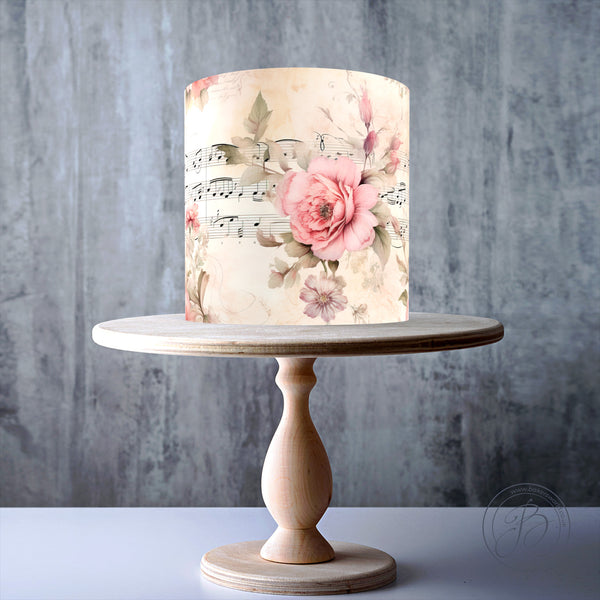 Shabby Chic Floral Musical Notes Musical Sheets edible cake topper decoration