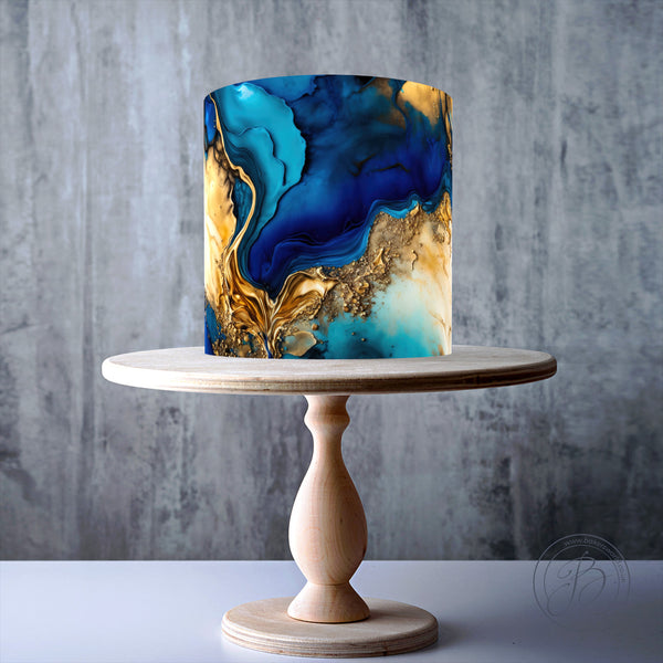 Navy Blue Sapphire and Gold Fantasy Alcohol ink Marble Pattern edible cake topper decoration