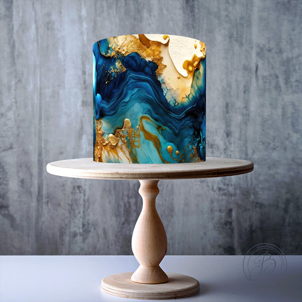 Navy Blue Sapphire and Gold Fantasy Alcohol ink Marble Pattern edible cake topper decoration