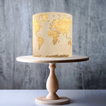 Beige & Gold World Map edible cake topper decoration