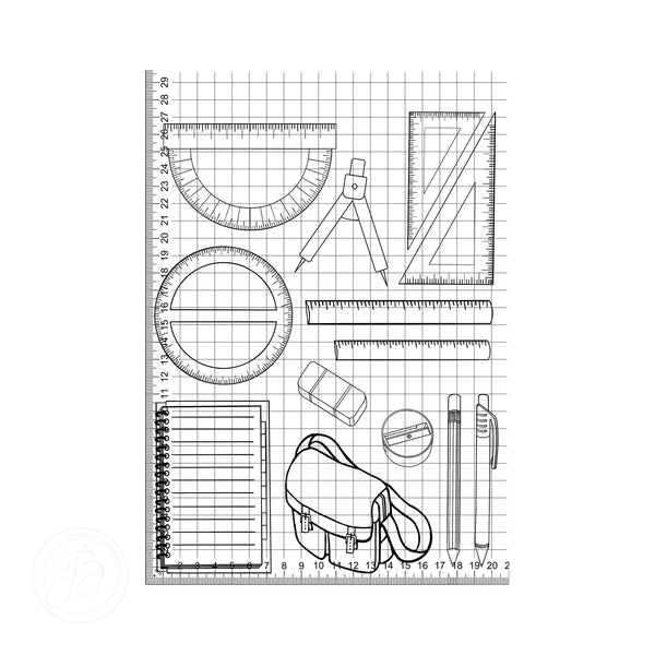 Architect's stationery set, pencil, eraser, notebook, compass, protractor, edible cake topper decoration