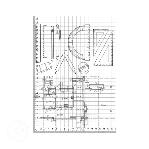 Architect's stationery set, pencil, eraser, compass, protractor, floor plan drawing edible cake topper decoration