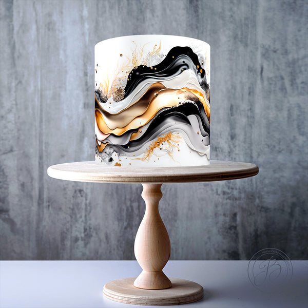 Abstract black, gold, and white fluid marble pattern edible cake topper decoration