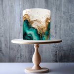 Abstract teal and gold fluid swirl design edible cake topper decoration