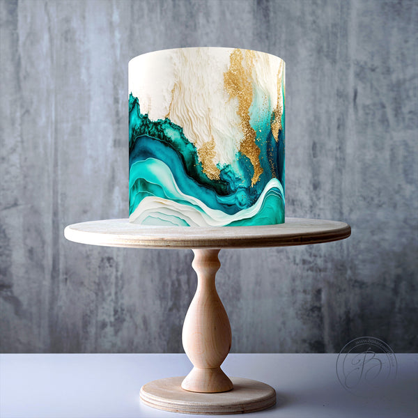 Teal, green, and gold marble swirl design edible cake topper decoration