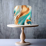 Teal and gold abstract swirl design edible cake topper decoration