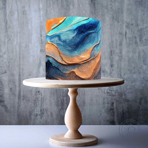 Copper, blue, and teal ocean wave design edible cake topper decoration