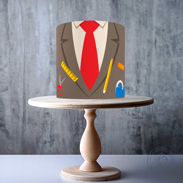 Brown suit teacher-themed design with school supplies edible cake topper decoration