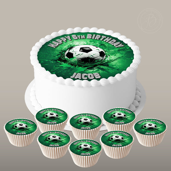 Personalised Football set 7.5in round cake topper + 8 cupcakes edible cake decoration