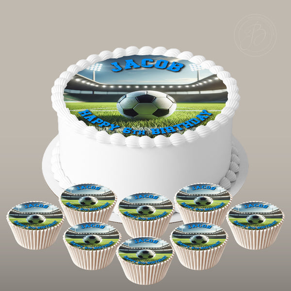 Personalised Football set 7.5in round cake topper + 8 cupcakes edible cake decoration