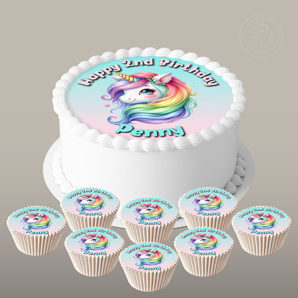 Personalised Cute Magic Unicorn set 7.5in round cake topper + 8 cupcakes edible cake decoration