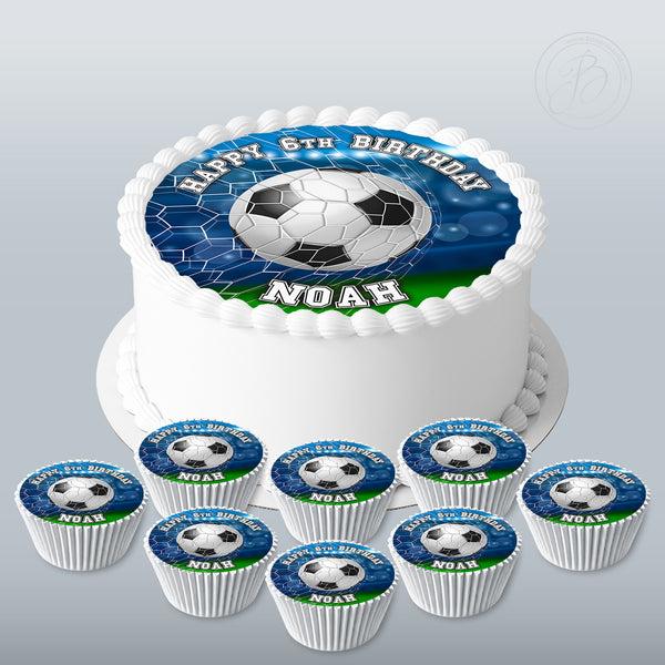 Personalised Football set 7.5in round cake topper + 8 cupcakes edible cake decoration