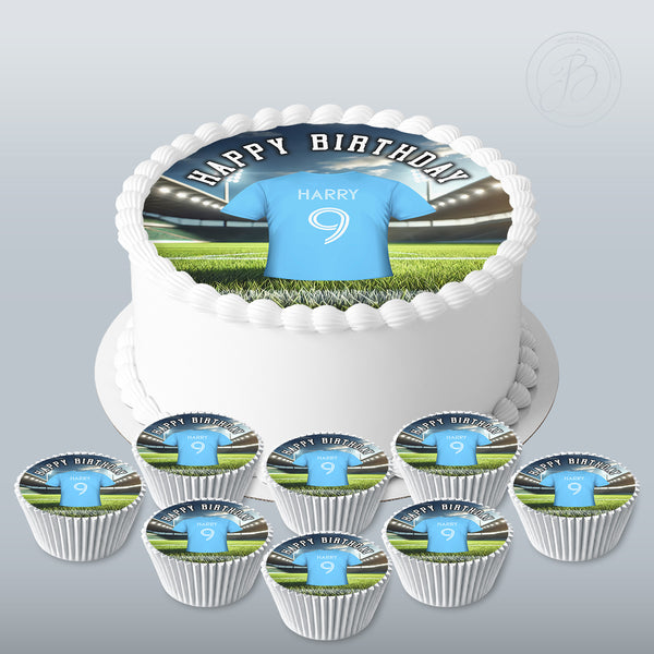 Personalised Football Jersey set 7.5in round cake topper + 8 cupcakes edible cake decoration