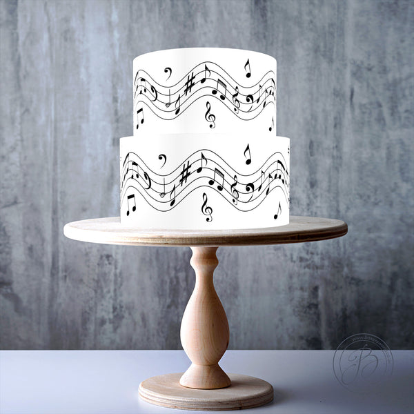 Musical notes, wavy staff pattern, treble clef cake borders edible cake topper decoration