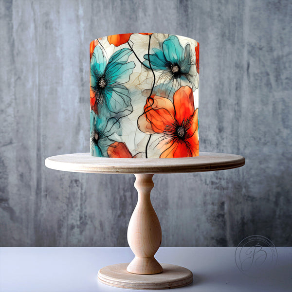 Alcohol Ink Teal and Orange Flowers Seamless Floral wrap around edible cake topper decoration