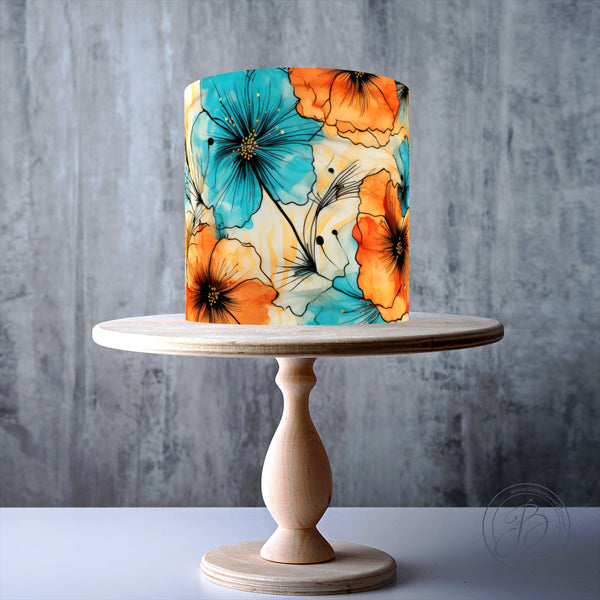 Alcohol Ink Teal and Orange Flowers Seamless Floral wrap around edible cake topper decoration