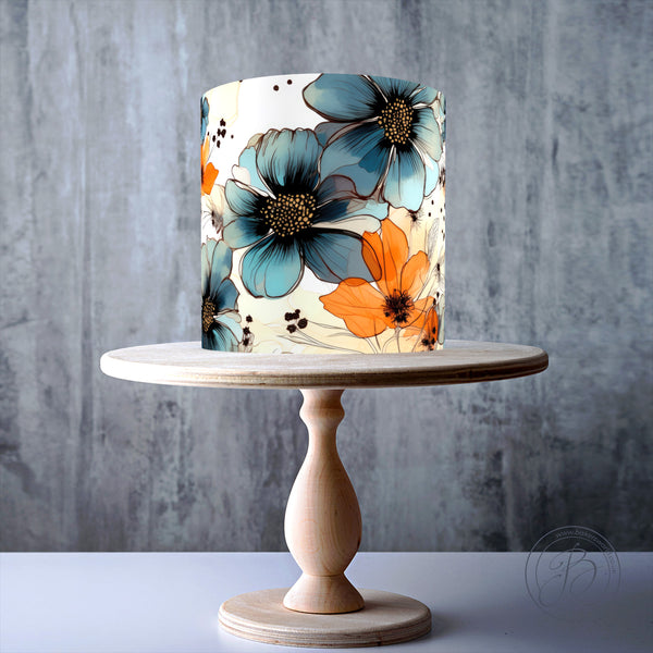 Large Teal and Orange Flowers Seamless Floral wrap around edible cake topper decoration