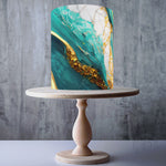 Panoramic teal white gold effect marble edible cake topper decoration