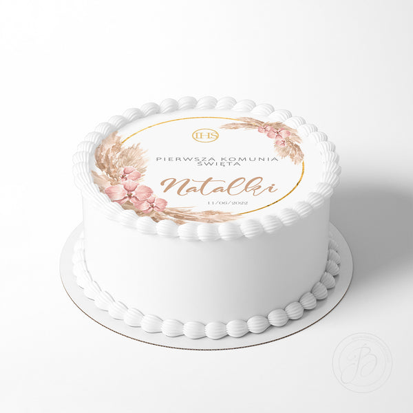 Personalised Pierwsza Komunia Święta Wreath 7.5in round edible cake topper decoration (Polish version)