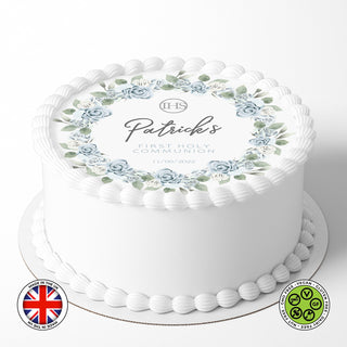 Personalised First Holy Communion Wreath 7.5in round edible cake topper decoration (English version)