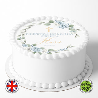 Personalised Pierwsza Komunia Święta Wreath 7.5in round edible cake topper decoration (Polish version)