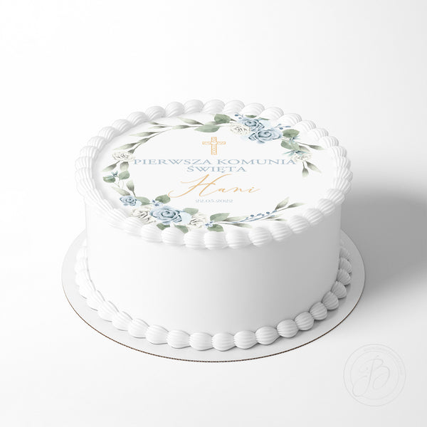 Personalised Pierwsza Komunia Święta Wreath 7.5in round edible cake topper decoration (Polish version)