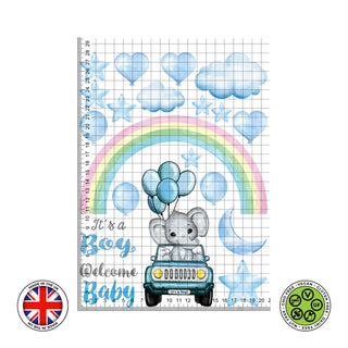 Baby Shower It's a Boy Elephant in a car Blue Watercolour edible cake decorations