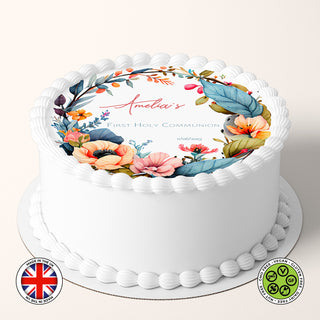 Personalised Boho Floral Watercolour Wreath 7.5in round edible cake topper Communion Christening Baptism Confirmation (English version)