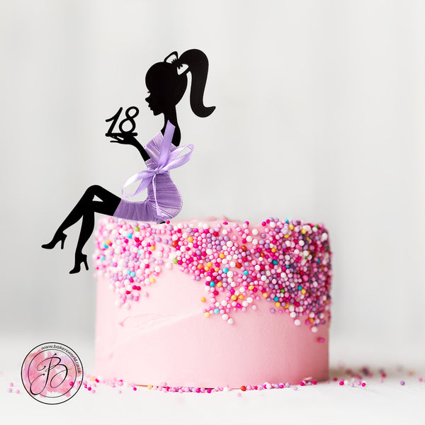 Personalised sitting girl silhouette in ribbon dress cake topper