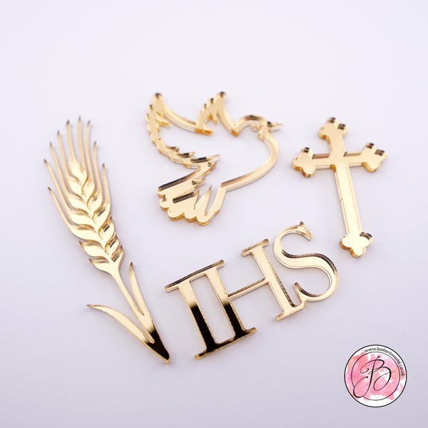 Set of Communion Cake Charms ( wheat, cross, dove, IHS )