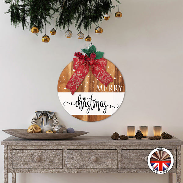 MERRY christmas - Round Wooden Christmas Door Sign